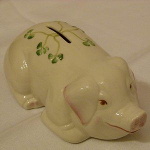 Belleek Ireland 150th Anniversary Parian China Shamrock 7" Pig Figurine Bank